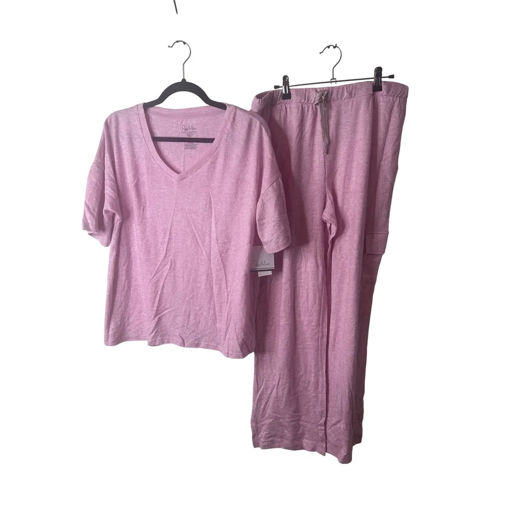NEW Roudelain Womens 2pc M Loungewear Pajama Set Pink Cargo Pants V-Neck‎ Top